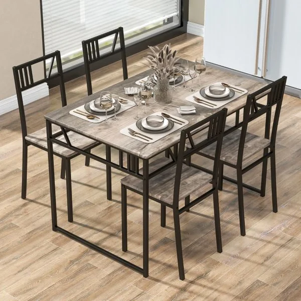 Ensemble de Table à Manger 5 Pièces Table de Cuisine de Style Industriel et 4 Chaises avec un Plateau en Imitation Bois et un Cadre Gris