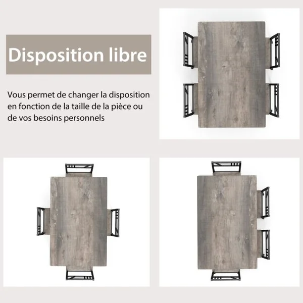 Ensemble de Table à Manger 5 Pièces Table de Cuisine de Style Industriel et 4 Chaises avec un Plateau en Imitation Bois et un Cadre Gris