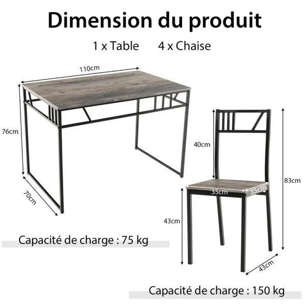 Ensemble de Table à Manger 5 Pièces Table de Cuisine de Style Industriel et 4 Chaises avec un Plateau en Imitation Bois et un Cadre Gris