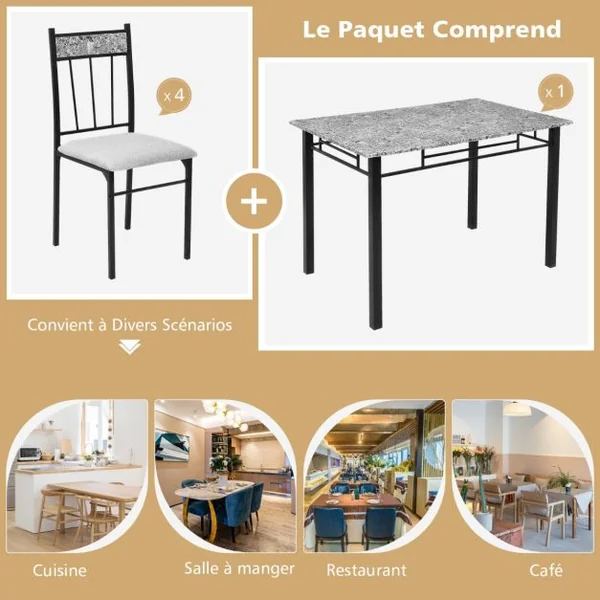 Ensemble de Table à Manger de 5 Pièces avec Table Rectangulaire Moderne et de 4 Chaises Rembourrées Table de Cuisine Gain de Place pour Salle à Manger