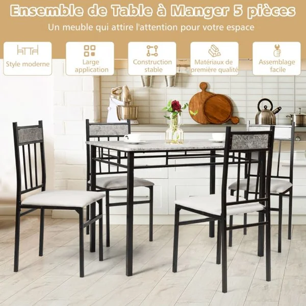 Ensemble de Table à Manger de 5 Pièces avec Table Rectangulaire Moderne et de 4 Chaises Rembourrées Table de Cuisine Gain de Place pour Salle à Manger