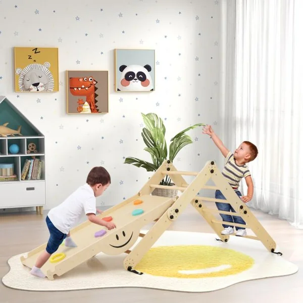 Ensemble d'Escalade Montessori pour Tout-petits Jouets d'Escalade Pliables en Bois Rampe Bascule Réglable et Réversible Rochers Colorés/Gris/Naturel