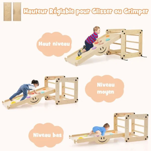 Ensemble d'Escalade Montessori pour Tout-petits Jouets d'Escalade Pliables en Bois Rampe Bascule Réglable et Réversible Rochers Colorés/Gris/Naturel