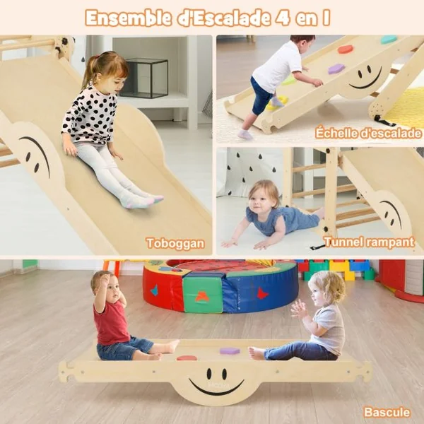 Ensemble d'Escalade Montessori pour Tout-petits Jouets d'Escalade Pliables en Bois Rampe Bascule Réglable et Réversible Rochers Colorés/Gris/Naturel