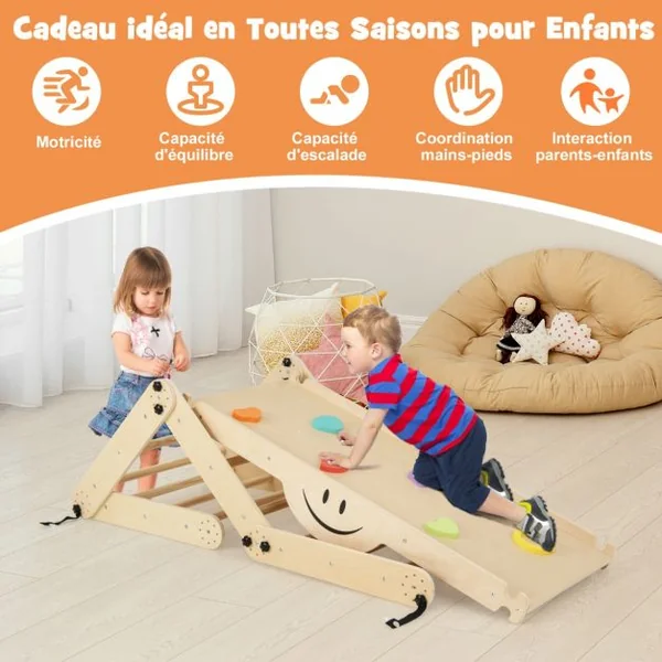 Ensemble d'Escalade Montessori pour Tout-petits Jouets d'Escalade Pliables en Bois Rampe Bascule Réglable et Réversible Rochers Colorés/Gris/Naturel