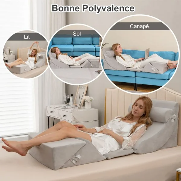 Ensemble d’Oreillers Compensés en Mousse avec Appuie-tête Oreiller de Lecture pour Post-opératoire Support de Jambe Gris