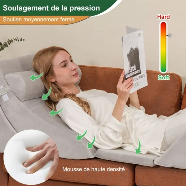 Ensemble d’Oreillers Compensés en Mousse avec Appuie-tête Oreiller de Lecture pour Post-opératoire Support de Jambe Gris