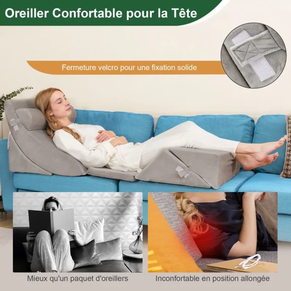 Ensemble d’Oreillers Compensés en Mousse avec Appuie-tête Oreiller de Lecture pour Post-opératoire Support de Jambe Gris
