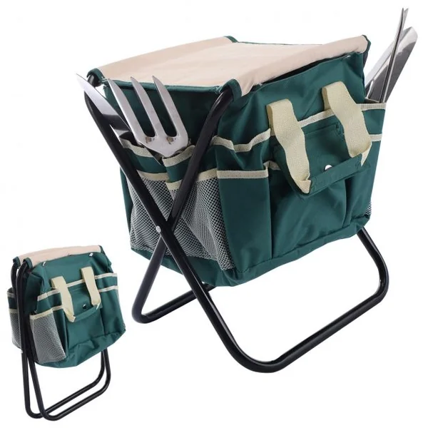 Ensemble d'outils de jardinage Mini outils de jardinage avec panier avec poches et tabouret en Polyester, 36×30×39cm
