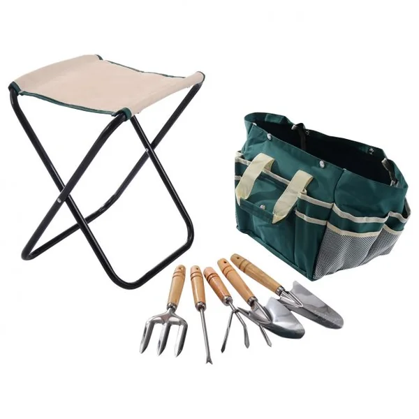 Ensemble d'outils de jardinage Mini outils de jardinage avec panier avec poches et tabouret en Polyester, 36×30×39cm