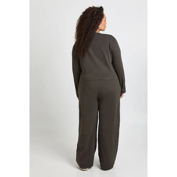 Ensemble Grande Taille Haut Col Rond Boutonné Et Pantalon En Coton