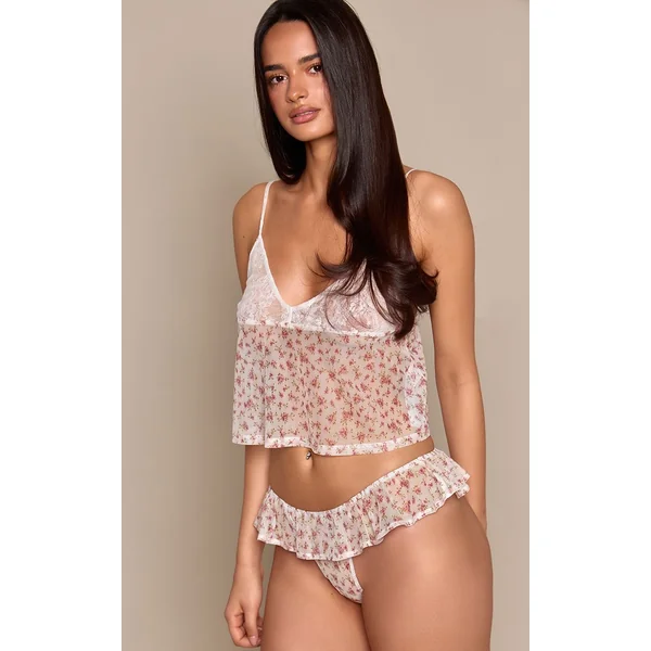 Ensemble Pyjama Caraco Fluide À Buste En Dentelle Fleurie Ditsy Et Short À Volants