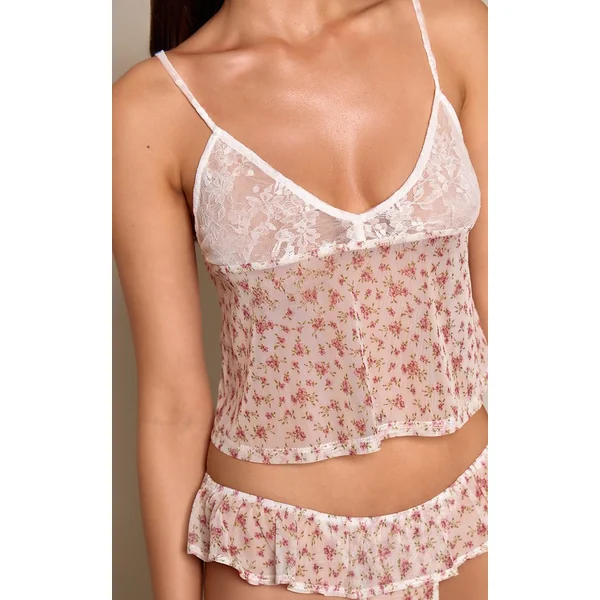 Ensemble Pyjama Caraco Fluide À Buste En Dentelle Fleurie Ditsy Et Short À Volants