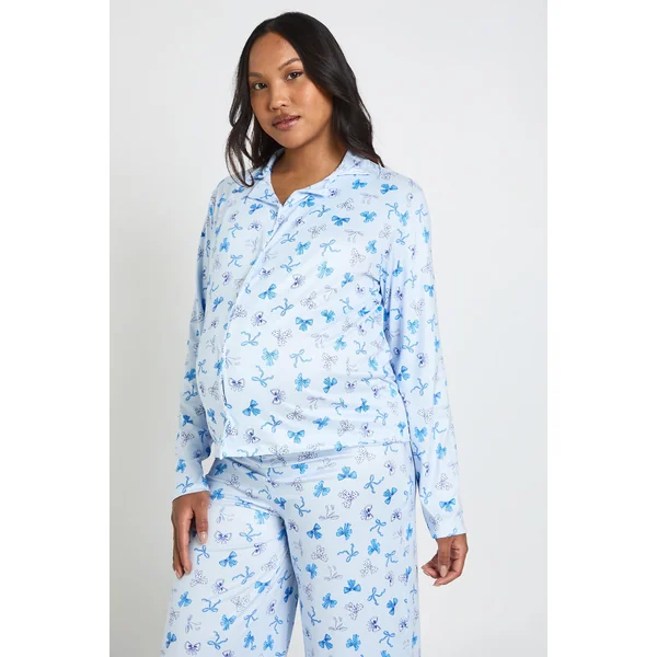 Ensemble Pyjama De Maternité Chemise Et Pantalon À Manches Longues Imprimé Pois Et Nœuds
