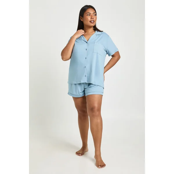 Ensemble Pyjama Grande Taille En Jersey À Passepoil Chemise Manches Courtes Et Short