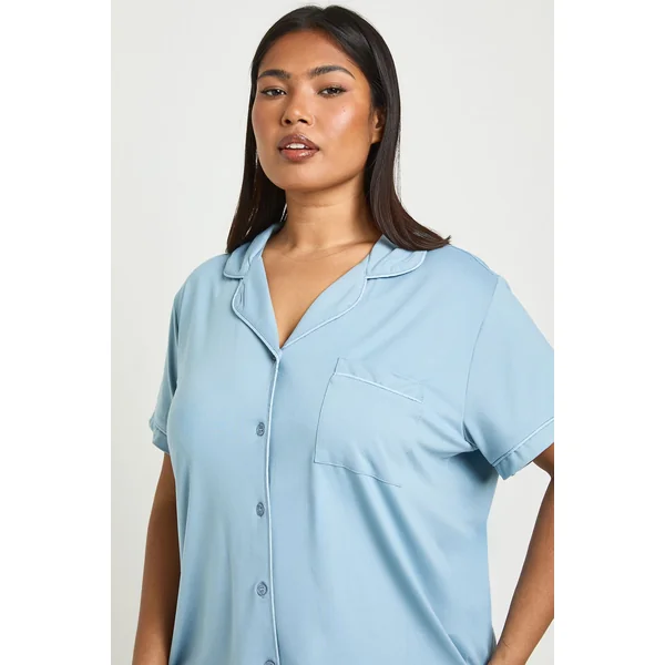 Ensemble Pyjama Grande Taille En Jersey À Passepoil Chemise Manches Courtes Et Short