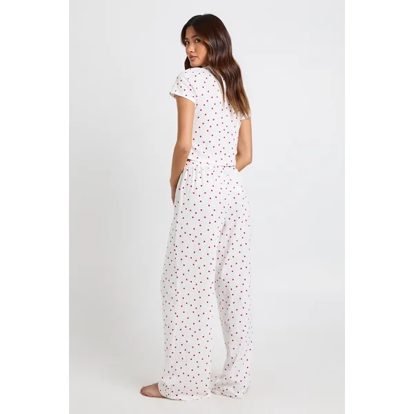 Ensemble Pyjama T-shirt Court Et Pantalon Large À Motif Cœurs Pointelle