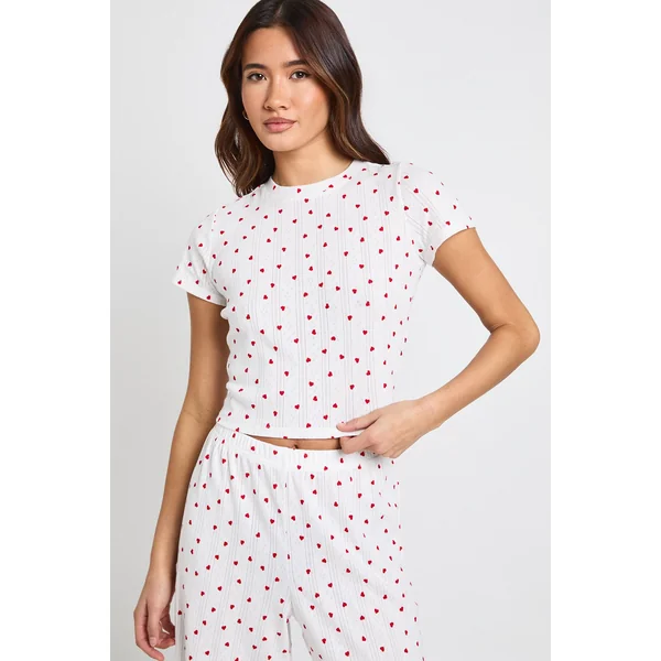 Ensemble Pyjama T-shirt Court Et Pantalon Large À Motif Cœurs Pointelle