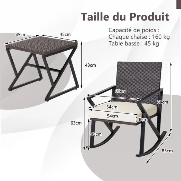 Ensemble Salon de Jardin 2 Chaises à Bascule Rotin Artisanal Anti-soleil pour Porche Balcon Terrasse