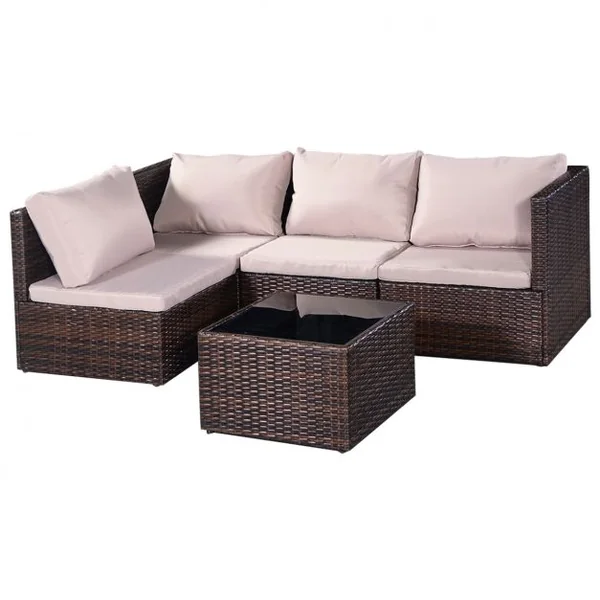 Ensemble salon de jardin 5 pièces Meubles en résine tressée en rotin, 4 fauteuils, 1 table, plateau verre trempé, marron