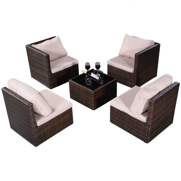 Ensemble salon de jardin 5 pièces Meubles en résine tressée en rotin, 4 fauteuils, 1 table, plateau verre trempé, marron