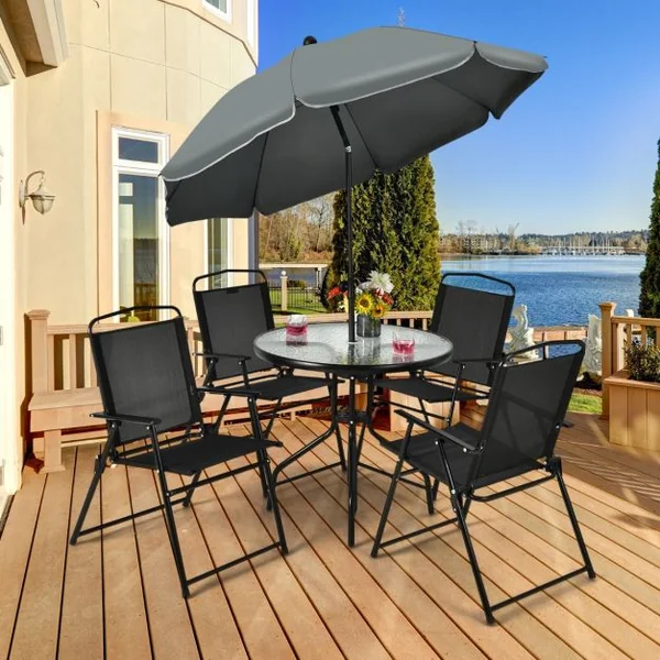 Ensemble Salon de Jardin 6 Pcs 4 Chaises Pliantes Table Basse en Verre et Parasol pour Terrasse Piscine Cour Noir