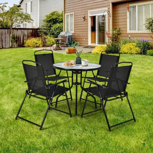 Ensemble Salon de Jardin 6 Pcs 4 Chaises Pliantes Table Basse en Verre et Parasol pour Terrasse Piscine Cour Noir