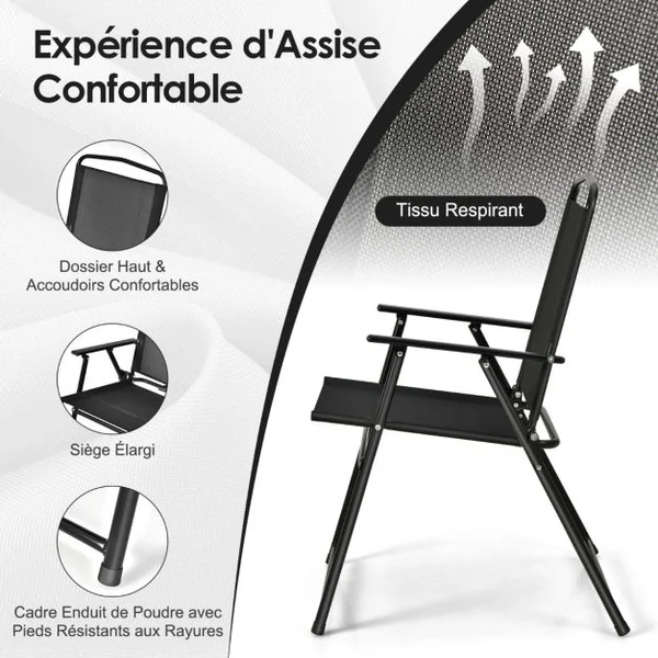 Ensemble Salon de Jardin 6 Pcs 4 Chaises Pliantes Table Basse en Verre et Parasol pour Terrasse Piscine Cour Noir
