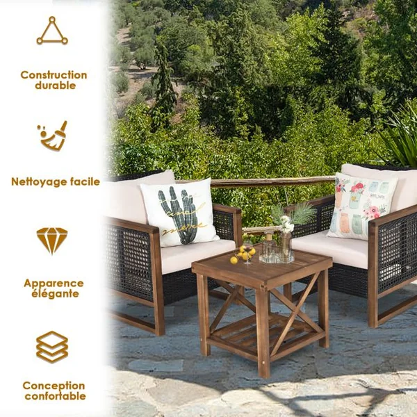 Ensemble Salon de Jardin en Bois d'Acacia Rotin Artisanal Anti-soleil Résistant aux Intempéries pour Porche Balcon Terrasse