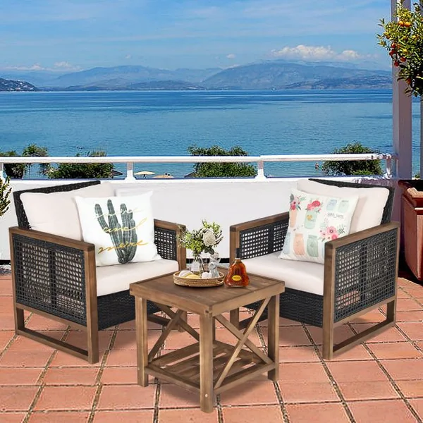 Ensemble Salon de Jardin en Bois d'Acacia Rotin Artisanal Anti-soleil Résistant aux Intempéries pour Porche Balcon Terrasse