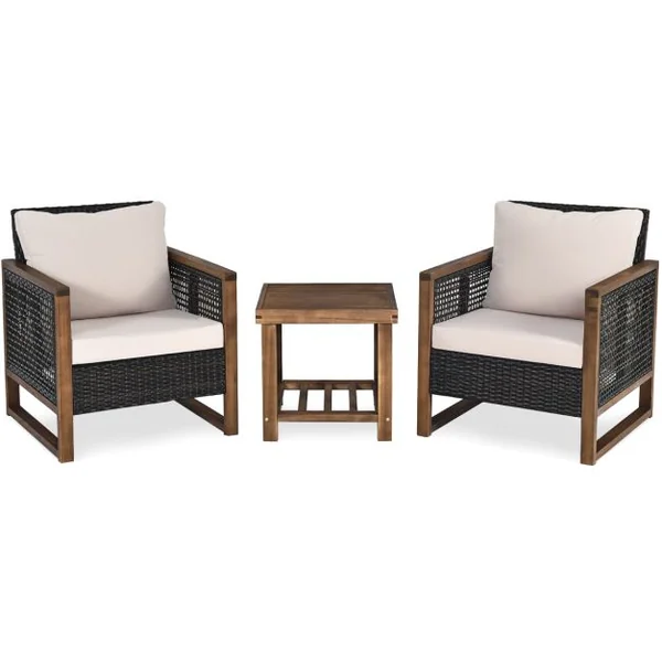Ensemble Salon de Jardin en Bois d'Acacia Rotin Artisanal Anti-soleil Résistant aux Intempéries pour Porche Balcon Terrasse
