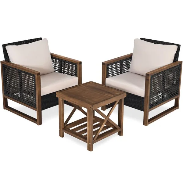 Ensemble Salon de Jardin en Bois d'Acacia Rotin Artisanal Anti-soleil Résistant aux Intempéries pour Porche Balcon Terrasse