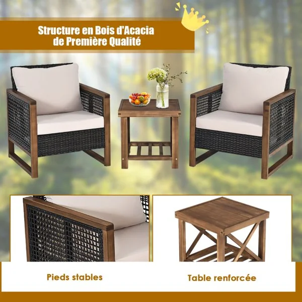 Ensemble Salon de Jardin en Bois d'Acacia Rotin Artisanal Anti-soleil Résistant aux Intempéries pour Porche Balcon Terrasse