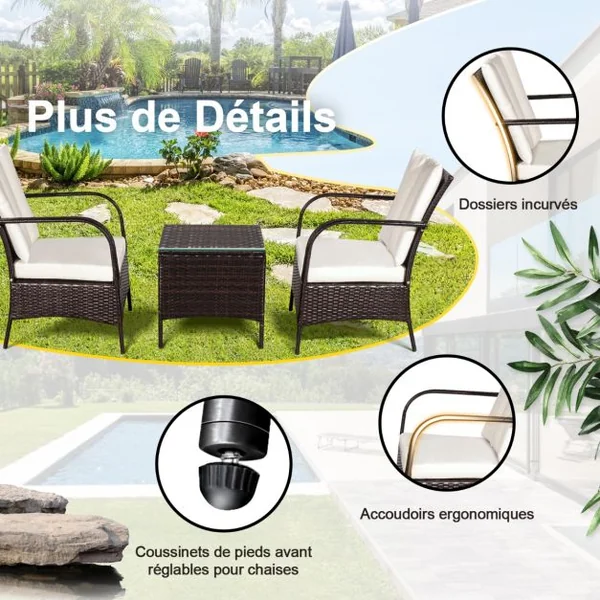 Ensemble Salon de Jardin en Resine Tressee avec 2 Fauteuils et 1 Table Convient pour Balcon Terrasse et Jardin