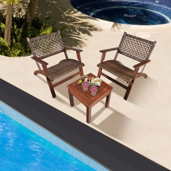 Ensemble Salon de Jaridn en Eucalyptus Rotin Artisanal Anti-soleil Résistant aux Intempéries pour Porche Balcon Terrasse