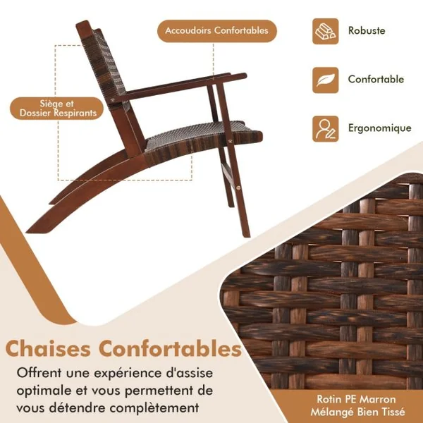 Ensemble Salon de Jaridn en Eucalyptus Rotin Artisanal Anti-soleil Résistant aux Intempéries pour Porche Balcon Terrasse