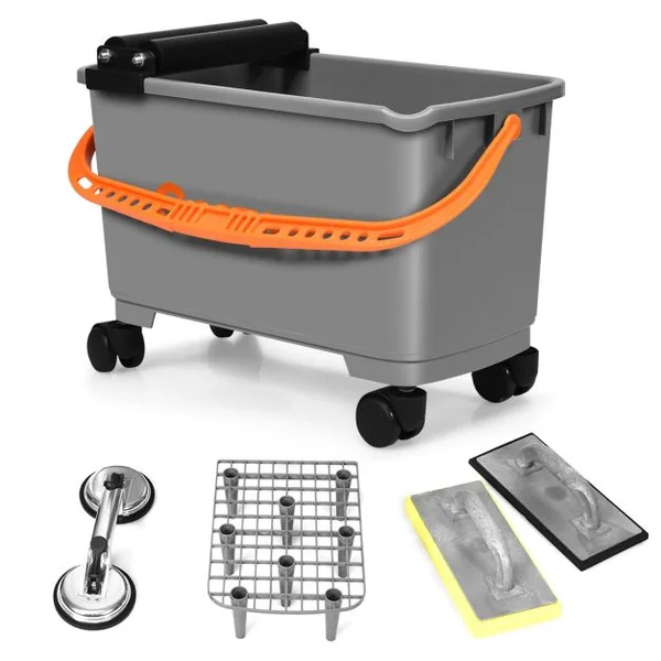 Ensemble Seau de Nettoyage Roulant 20 L avec Crépine Ventouse de Tuile et 2 Plaques de Nettoyage 50x27x27cm Gris