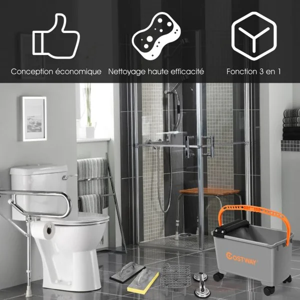Ensemble Seau de Nettoyage Roulant 20 L avec Crépine Ventouse de Tuile et 2 Plaques de Nettoyage 50x27x27cm Gris