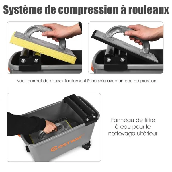 Ensemble Seau de Nettoyage Roulant 20 L avec Crépine Ventouse de Tuile et 2 Plaques de Nettoyage 50x27x27cm Gris