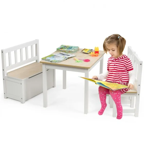 Ensemble Table 2 Chaises 1 Banc de Rangement en Bois pour Enfants 3 - 7 Ans