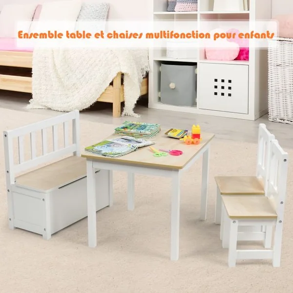 Ensemble Table 2 Chaises 1 Banc de Rangement en Bois pour Enfants 3 - 7 Ans