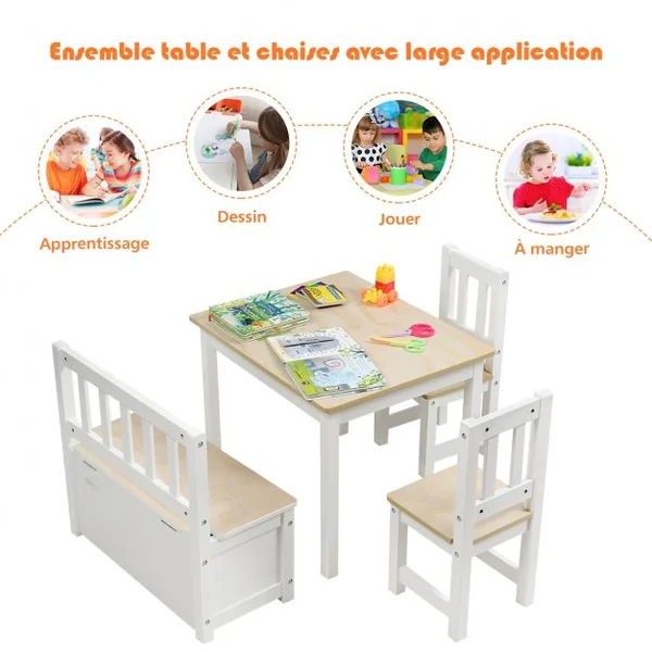 Ensemble Table 2 Chaises 1 Banc de Rangement en Bois pour Enfants 3 - 7 Ans