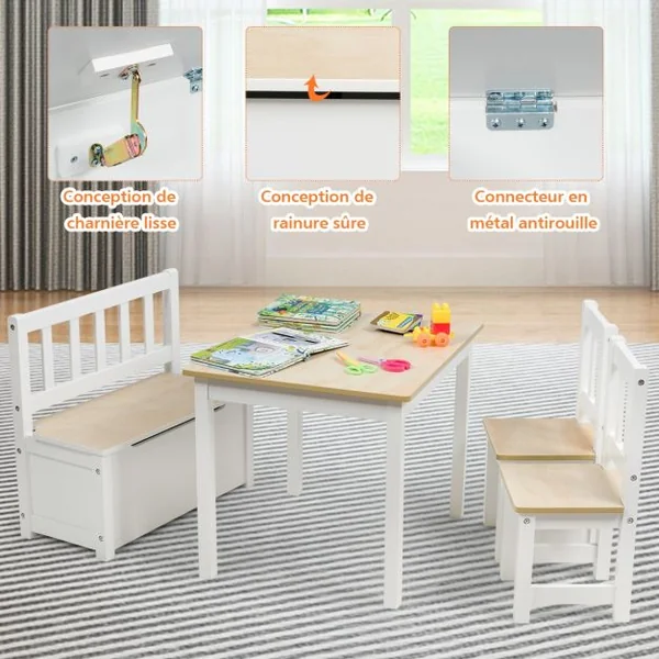 Ensemble Table 2 Chaises 1 Banc de Rangement en Bois pour Enfants 3 - 7 Ans