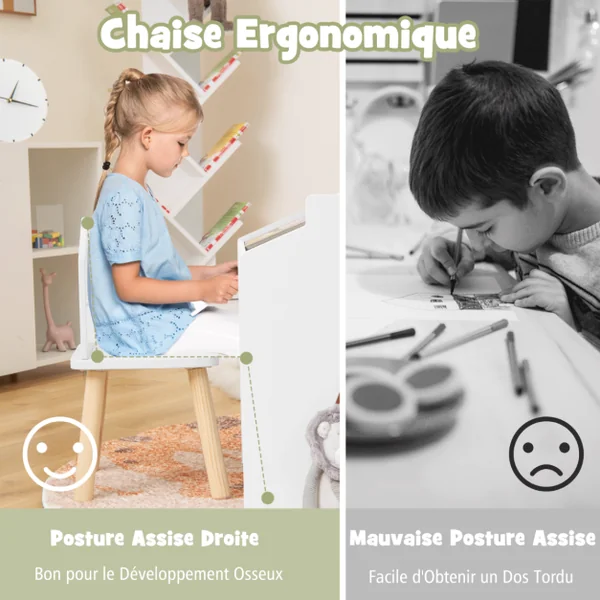 Ensemble Table 61 x 58 x 59 cm (L x l x H) avec 2 Chaises pour Enfants Tableau Noir Incliné Rainure de Rangement Blanc