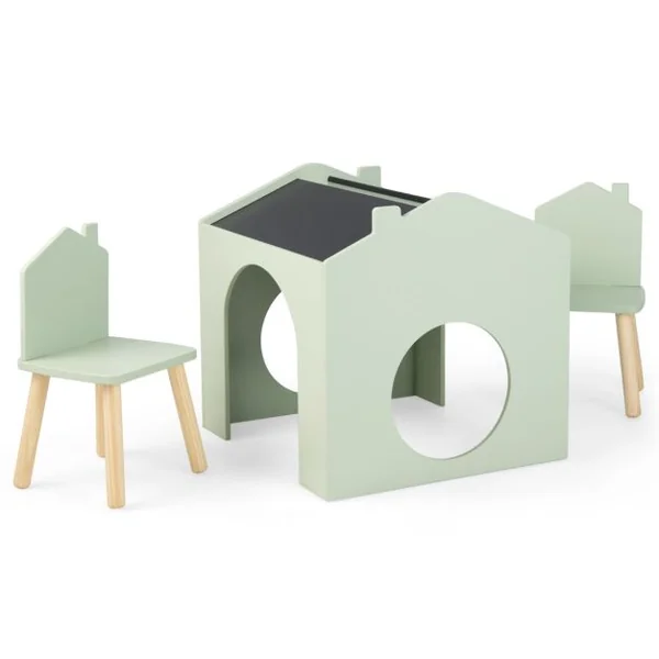 Ensemble Table 61 x 58 x 59 cm (L x l x H) avec 2 Chaises pour Enfants Tableau Noir Incliné Rainure de Rangement Vert