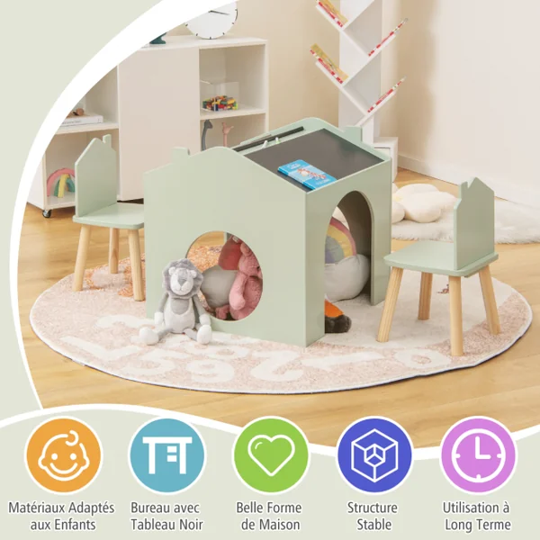 Ensemble Table 61 x 58 x 59 cm (L x l x H) avec 2 Chaises pour Enfants Tableau Noir Incliné Rainure de Rangement Vert