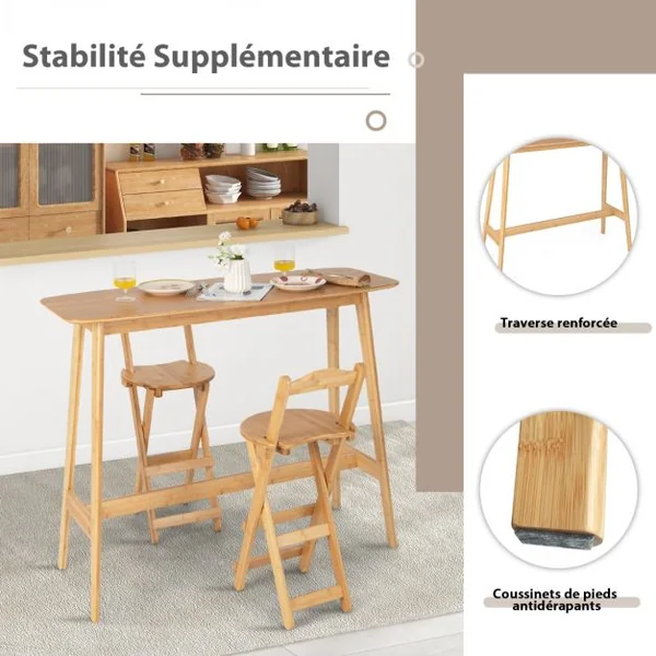 Ensemble Table de Bar Table Haute de Cuisine 120L x 45l x 99H cm Mange-debout en Bois Vernis avec Repose-Pie