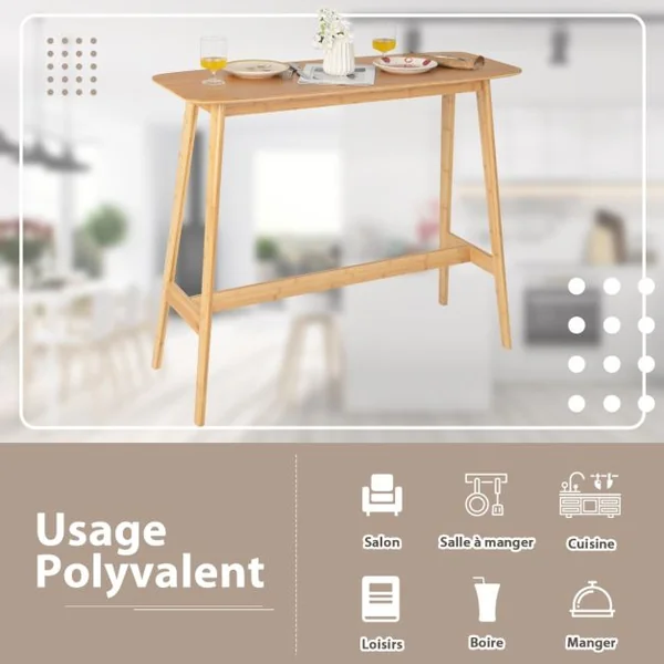Ensemble Table de Bar Table Haute de Cuisine 120L x 45l x 99H cm Mange-debout en Bois Vernis avec Repose-Pie