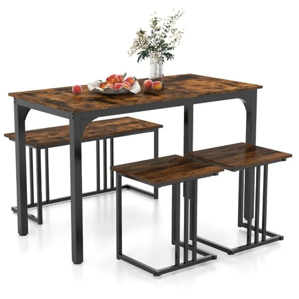 Ensemble Table de Cuisine 2 Banc 2 Tabourets Style Industriel Cadre en Métal Marron Rustique et Noir/Marron
