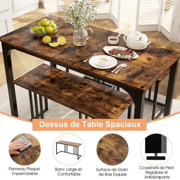 Ensemble Table de Cuisine 2 Banc 2 Tabourets Style Industriel Cadre en Métal Marron Rustique et Noir/Marron